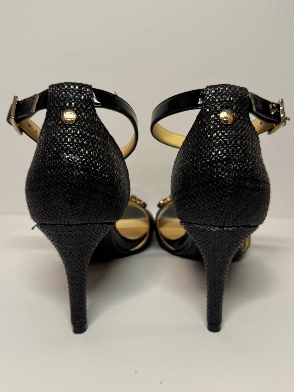 Liz Claiborne Black Embellished Ankle Strap Heels Woven 7.5 Rhinestone Sandals